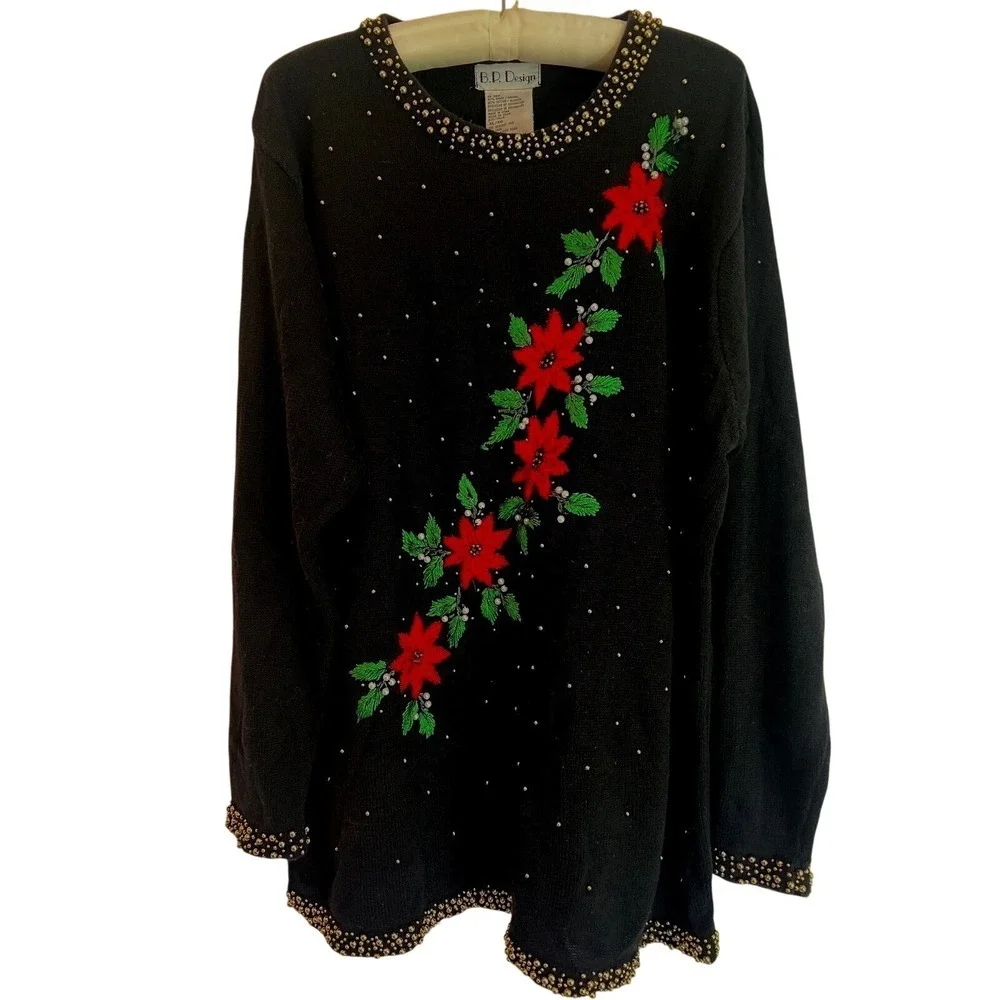 BD Design Vintage Christmas Sweater   Poinsettia Gold Beads Christmas Sweater XL